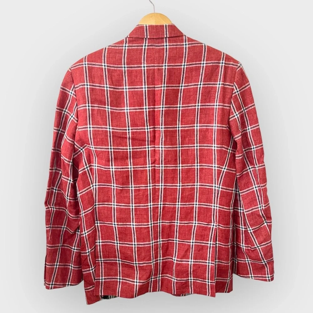 Ted Baker Endurance Linen Windowpane Check Plaid Linen Blazer Red Size 40R - Picture 2 of 13